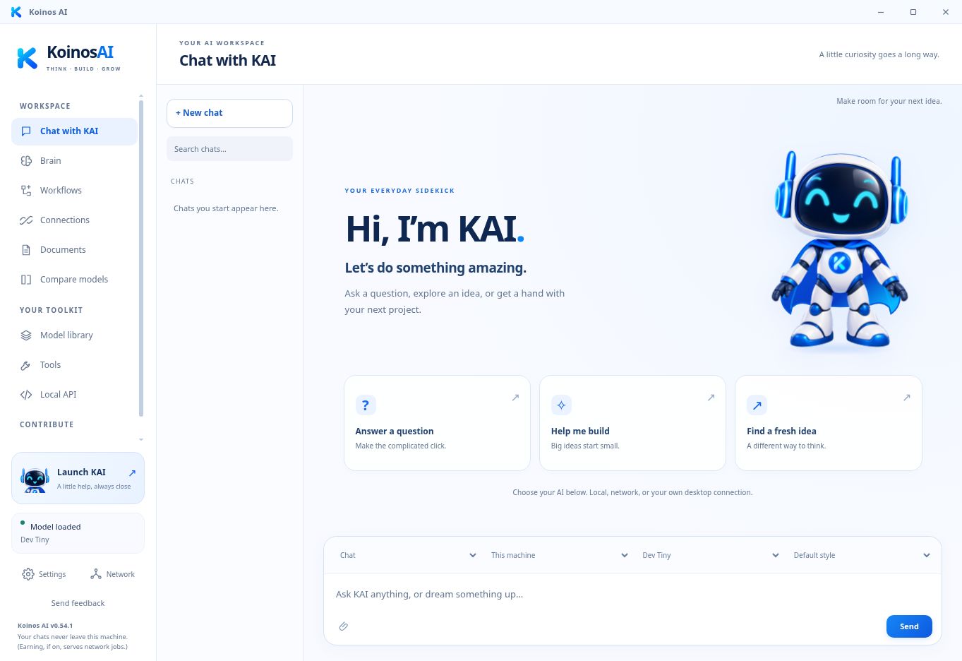 Koinos AI Test chat workspace, with KAI and the new app navigation.
